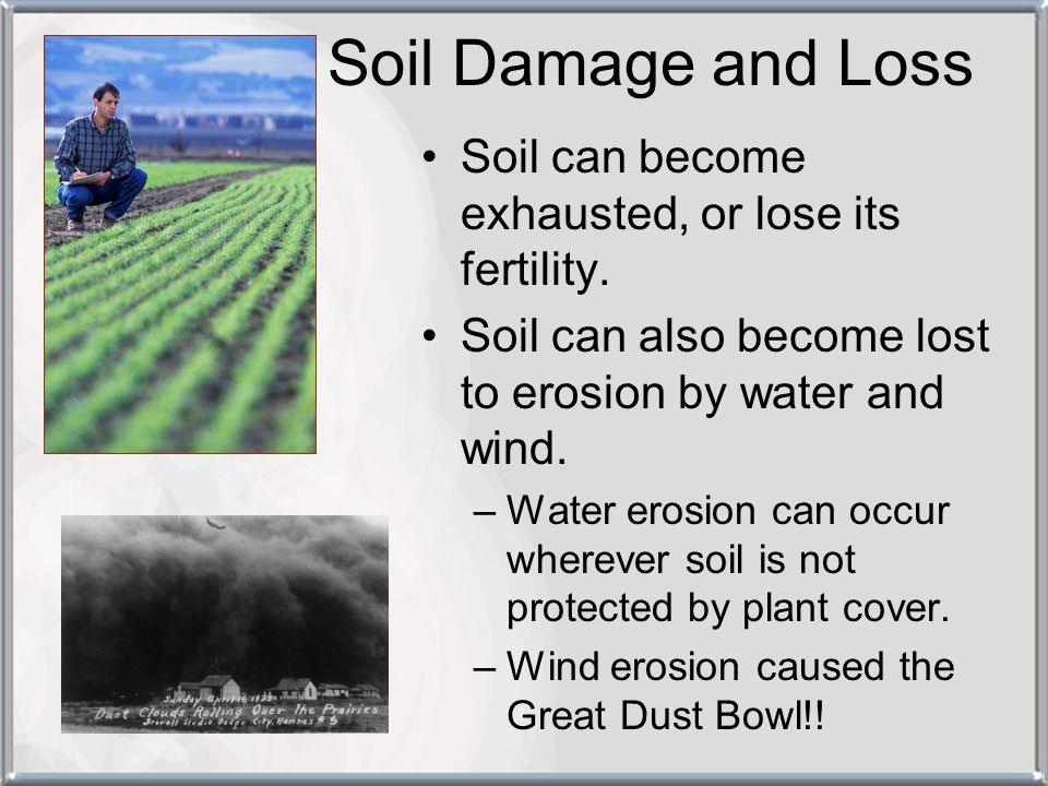 Soil Damage and Loss Soil can become exhausted, or lose its fertility.