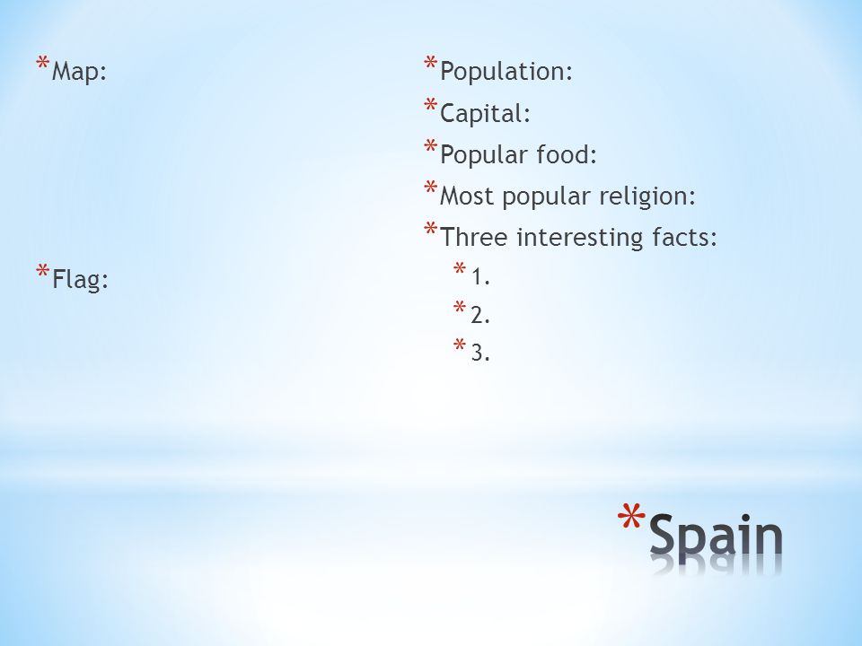Spain Map: Flag: Population: Capital: Popular food: