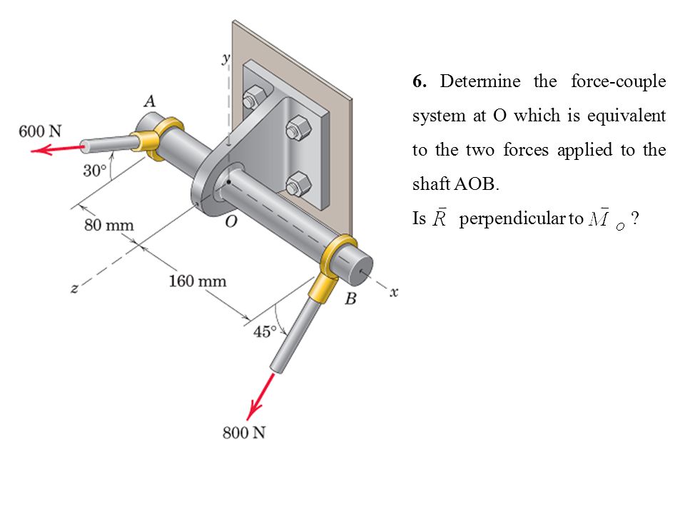 6. Determine the force-couple system at O which is equivalent to the two forces applied to the shaft AOB.