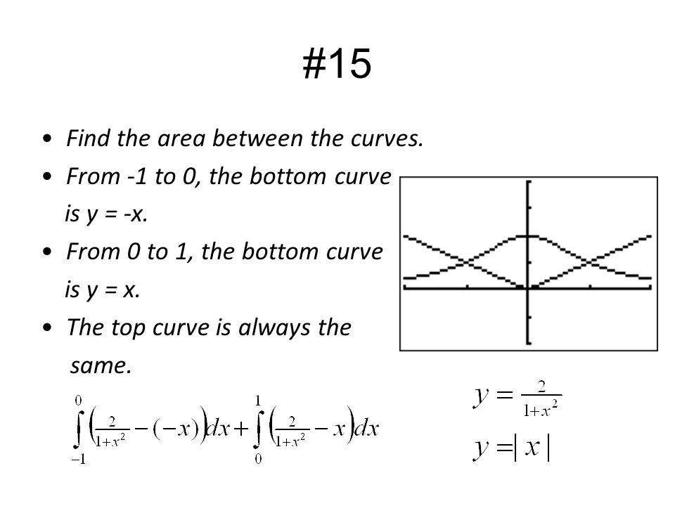 #15 Find the area between the curves. From -1 to 0, the bottom curve