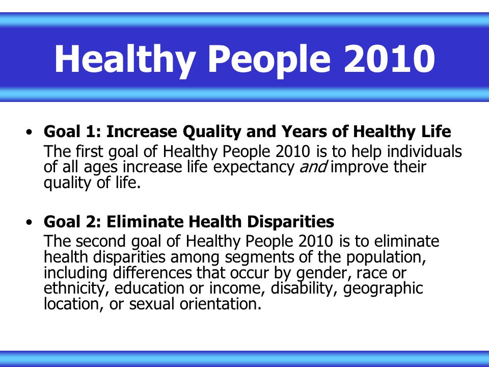 Healthy People 2010 Goal 1: Increase Quality and Years of Healthy Life
