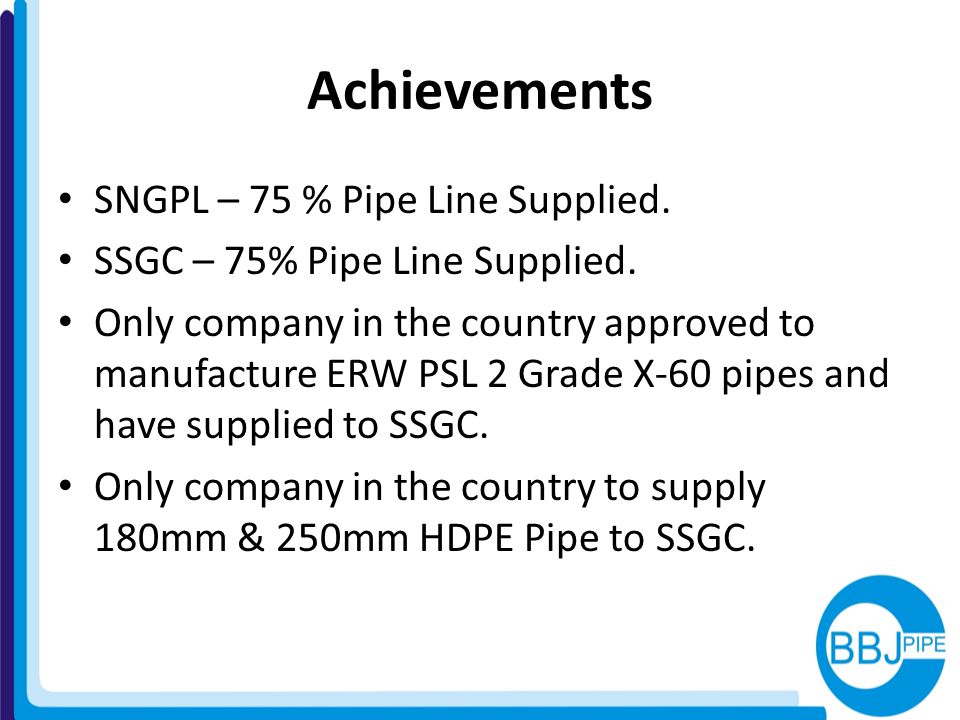 Achievements SNGPL – 75 % Pipe Line Supplied.