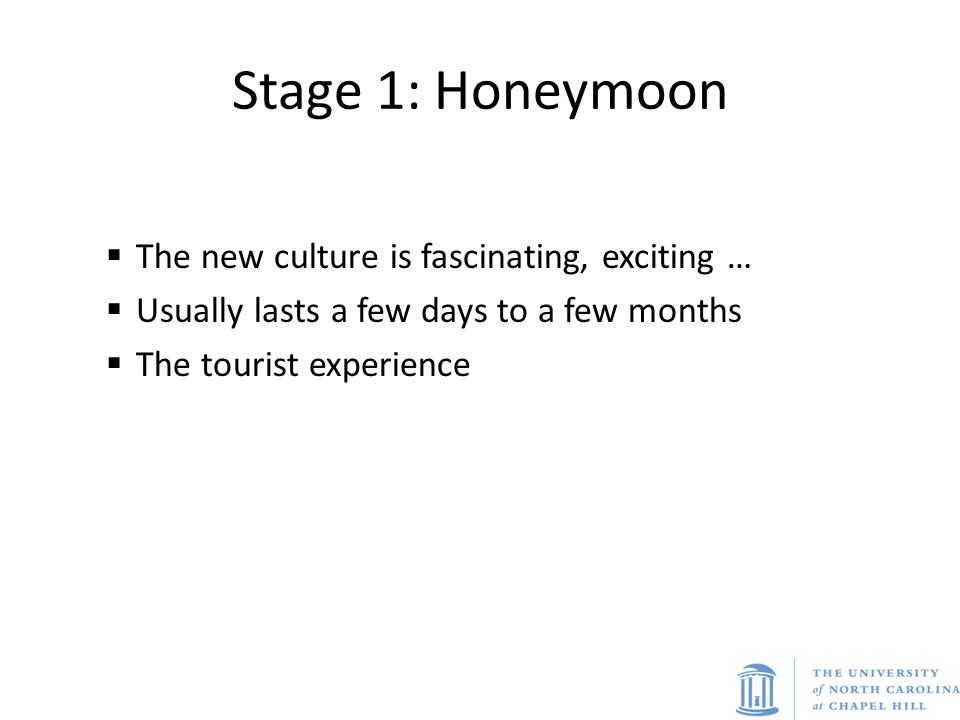 Stage 1: Honeymoon The new culture is fascinating, exciting …