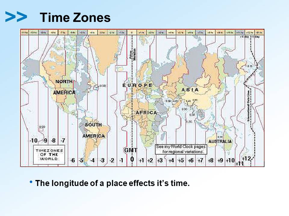 Time Zones The longitude of a place effects it’s time.