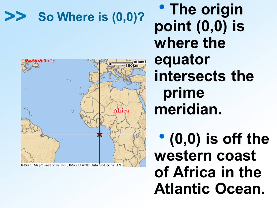 (0,0) is off the western coast of Africa in the Atlantic Ocean.