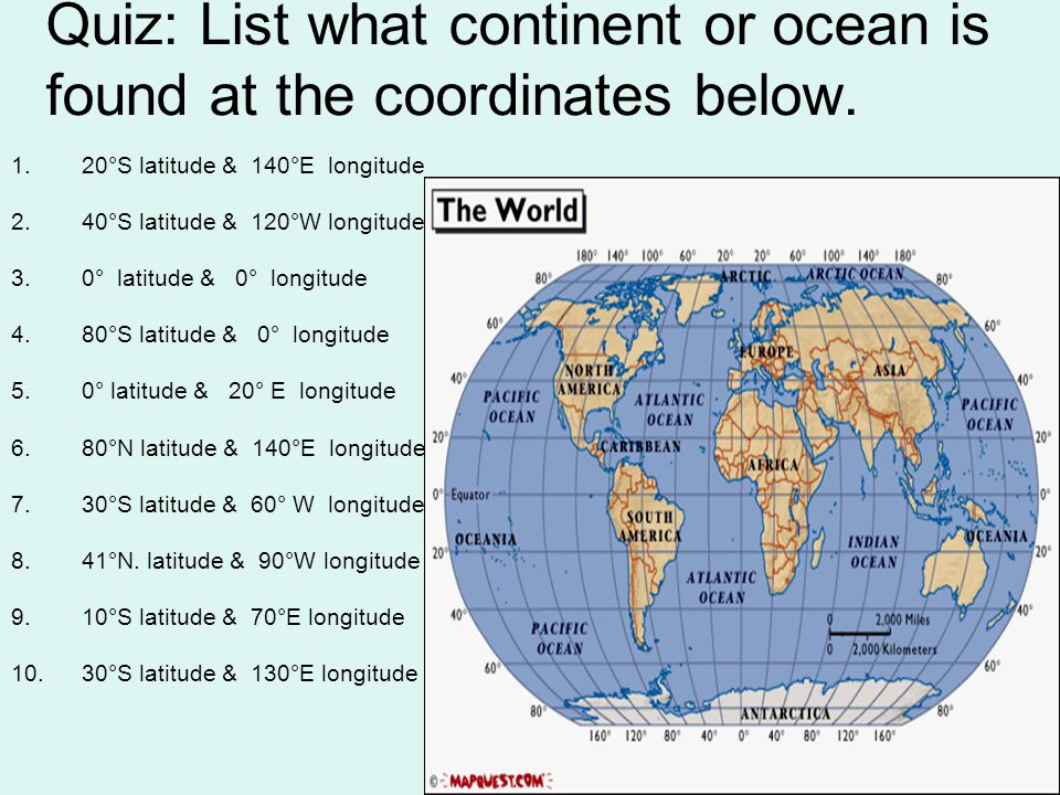 Quiz: List what continent or ocean is found at the coordinates below.