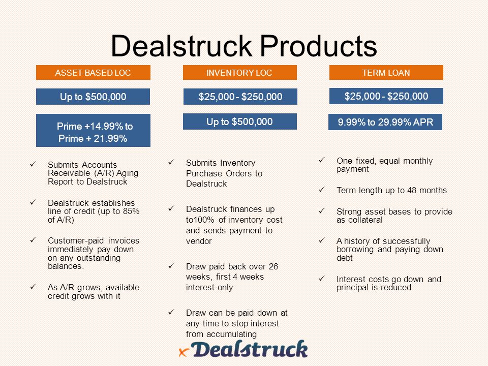 Dealstruck Products Prime % to Up to $500,000 $25,000 - $250,000
