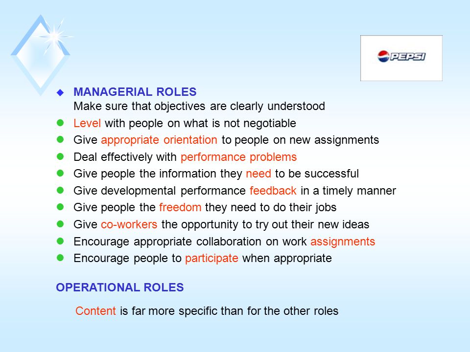 MANAGERIAL ROLES Make sure that objectives are clearly understood