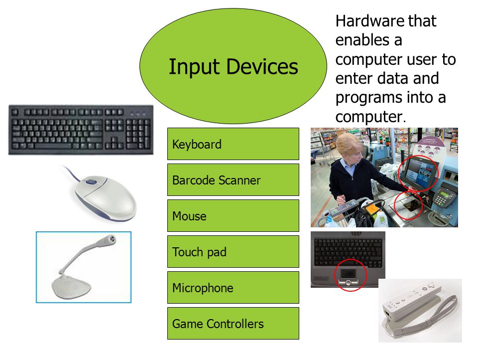 Input Devices Hardware that enables a computer user to enter data and programs into a computer. Keyboard.