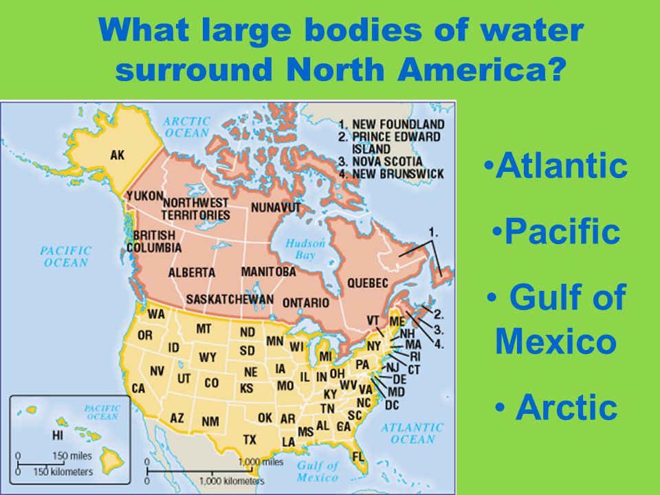 What large bodies of water surround North America