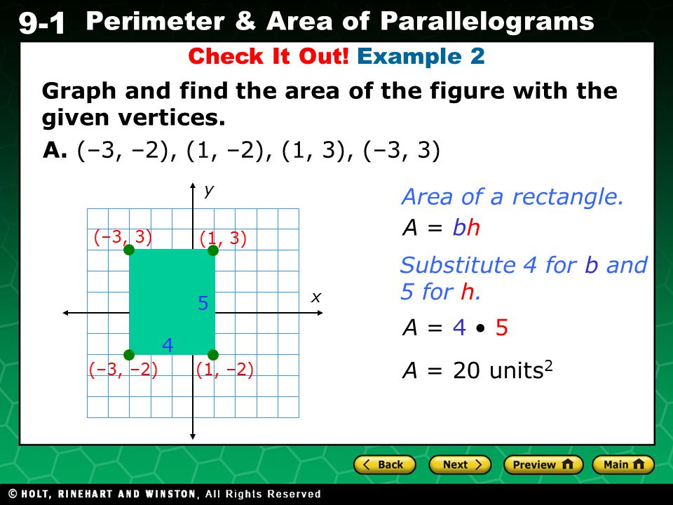 Graph and find the area of the figure with the given vertices.