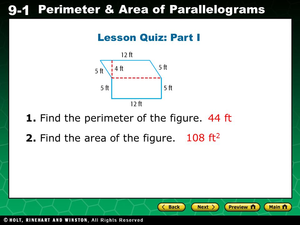 Lesson Quiz: Part I 1. Find the perimeter of the figure.
