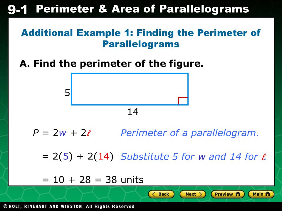 Additional Example 1: Finding the Perimeter of Parallelograms