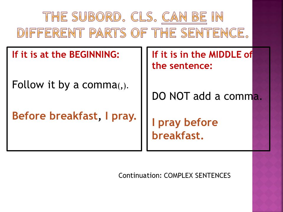 The SUBORD. CLS. can be in different parts of the sentence.