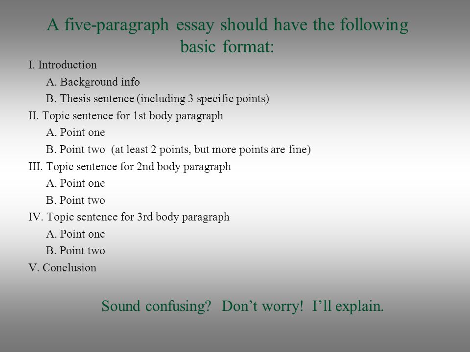 A five-paragraph essay should have the following basic format: