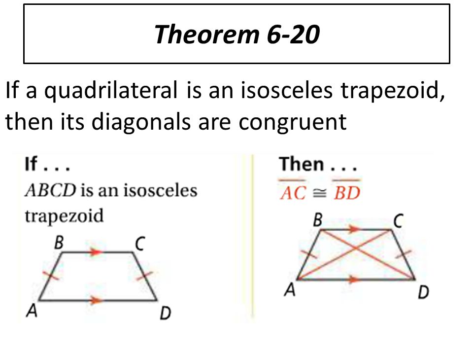 Theorem 6-20 If a quadrilateral is an isosceles trapezoid, then its diagonals are congruent