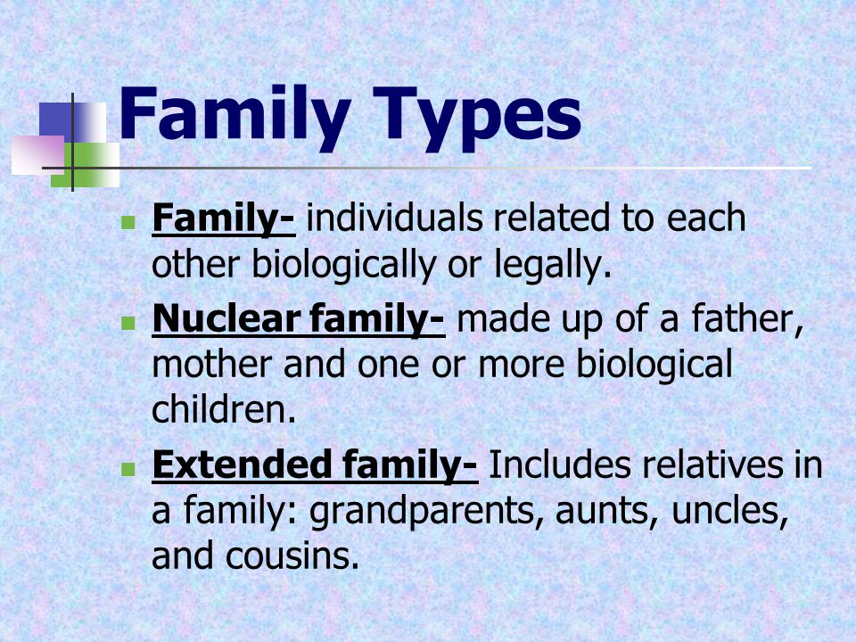Family Types Family- individuals related to each other biologically or legally.
