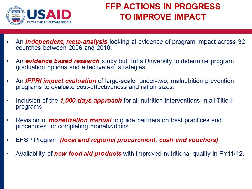 FFP Actions IN PROGRESS to Improve Impact