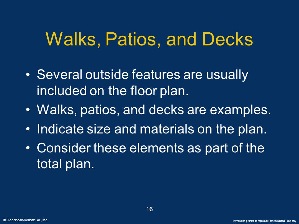 Walks, Patios, and Decks Several outside features are usually included on the floor plan. Walks, patios, and decks are examples.
