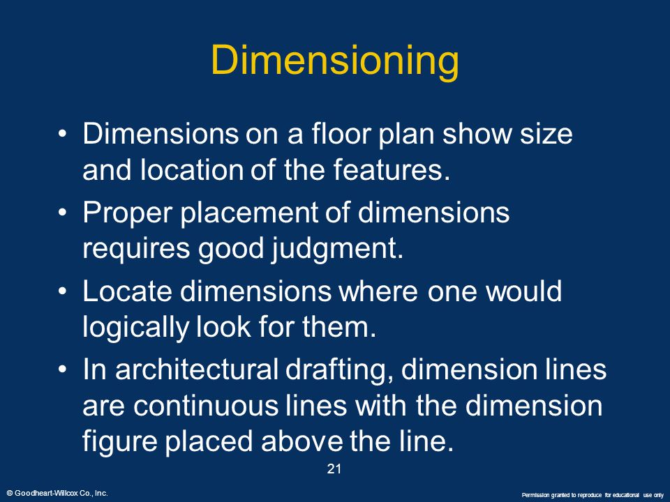 Dimensioning Dimensions on a floor plan show size and location of the features. Proper placement of dimensions requires good judgment.