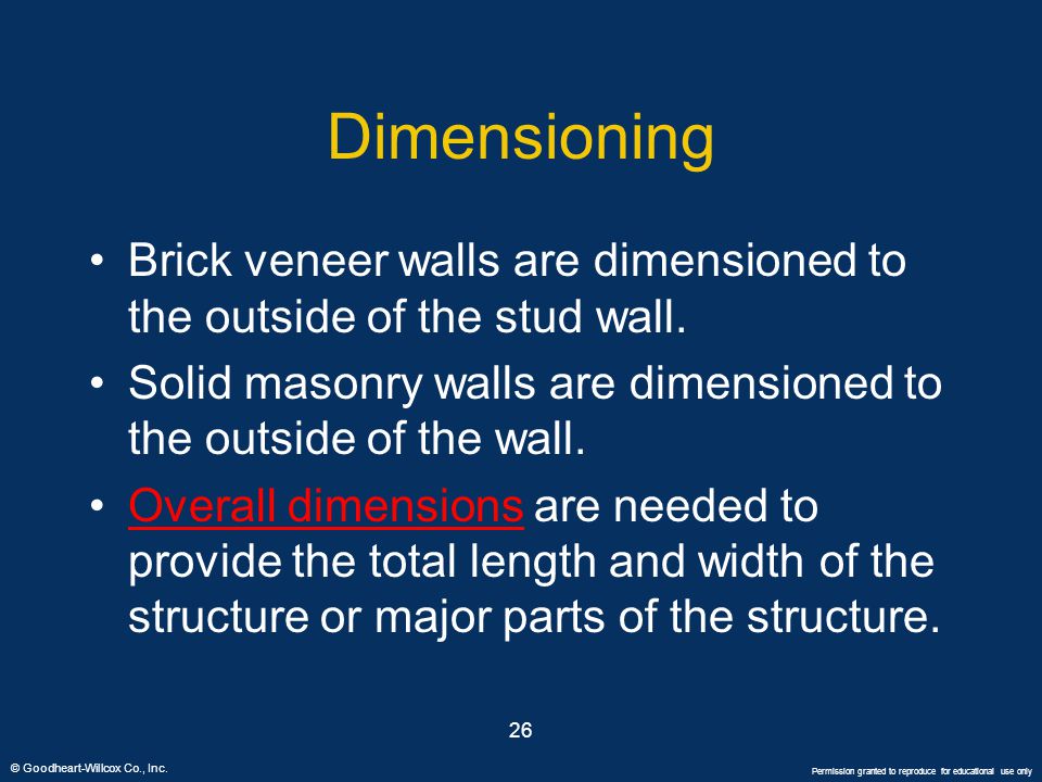 Dimensioning Brick veneer walls are dimensioned to the outside of the stud wall. Solid masonry walls are dimensioned to the outside of the wall.