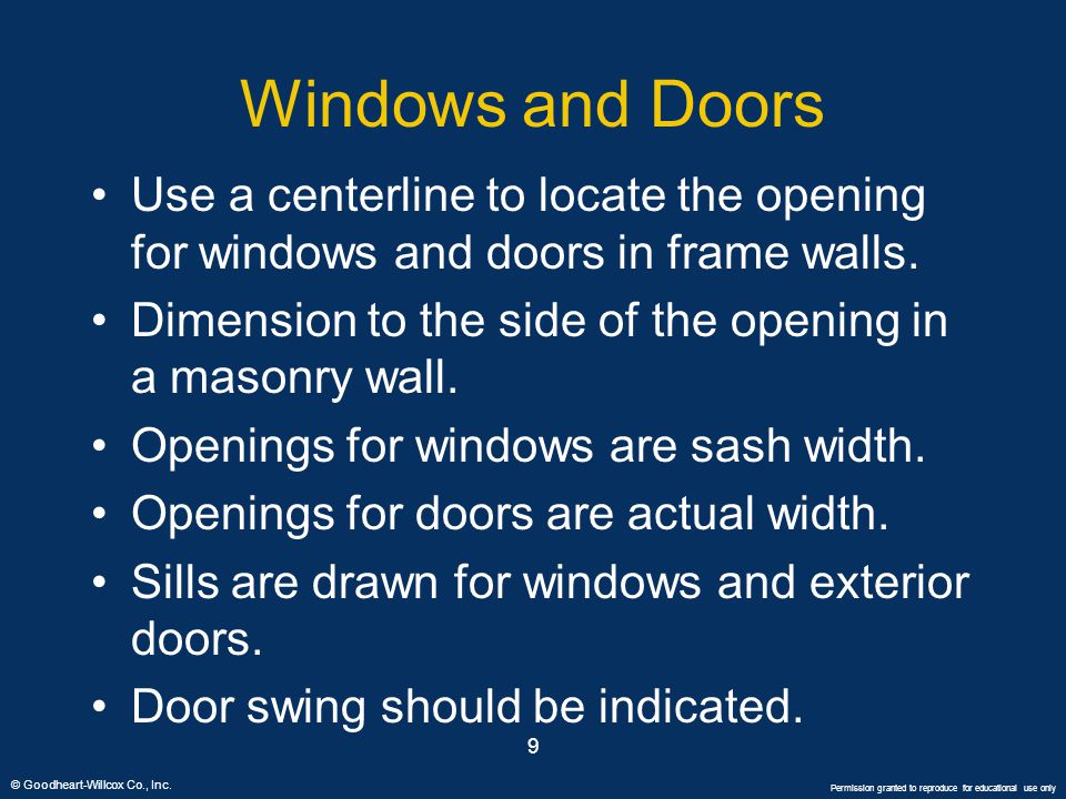 Windows and Doors Use a centerline to locate the opening for windows and doors in frame walls.