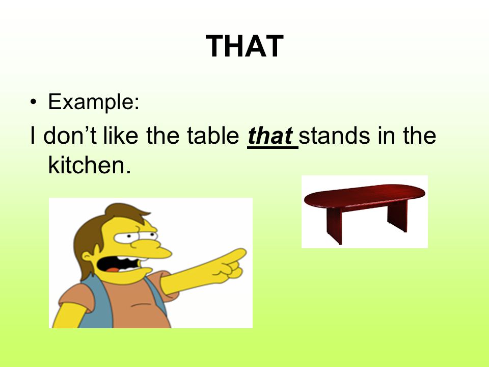 THAT Example: I don’t like the table that stands in the kitchen.
