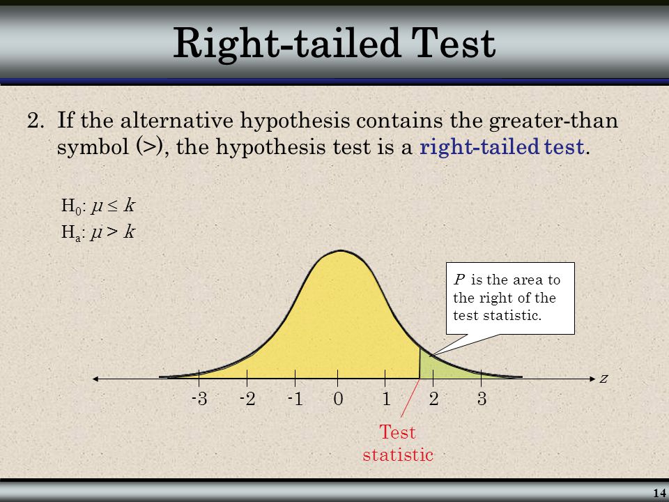 Right-tailed Test 2. If the alternative hypothesis contains the greater-than symbol (>), the hypothesis test is a right-tailed test.