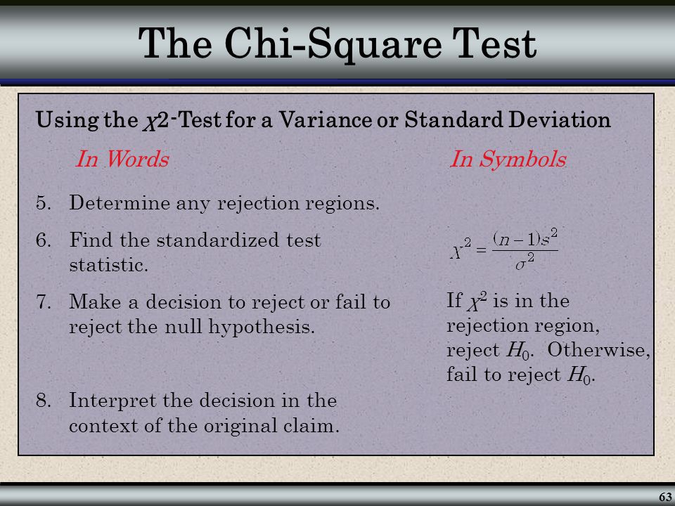 The Chi-Square Test Using the χ2-Test for a Variance or Standard Deviation. In Words In Symbols.