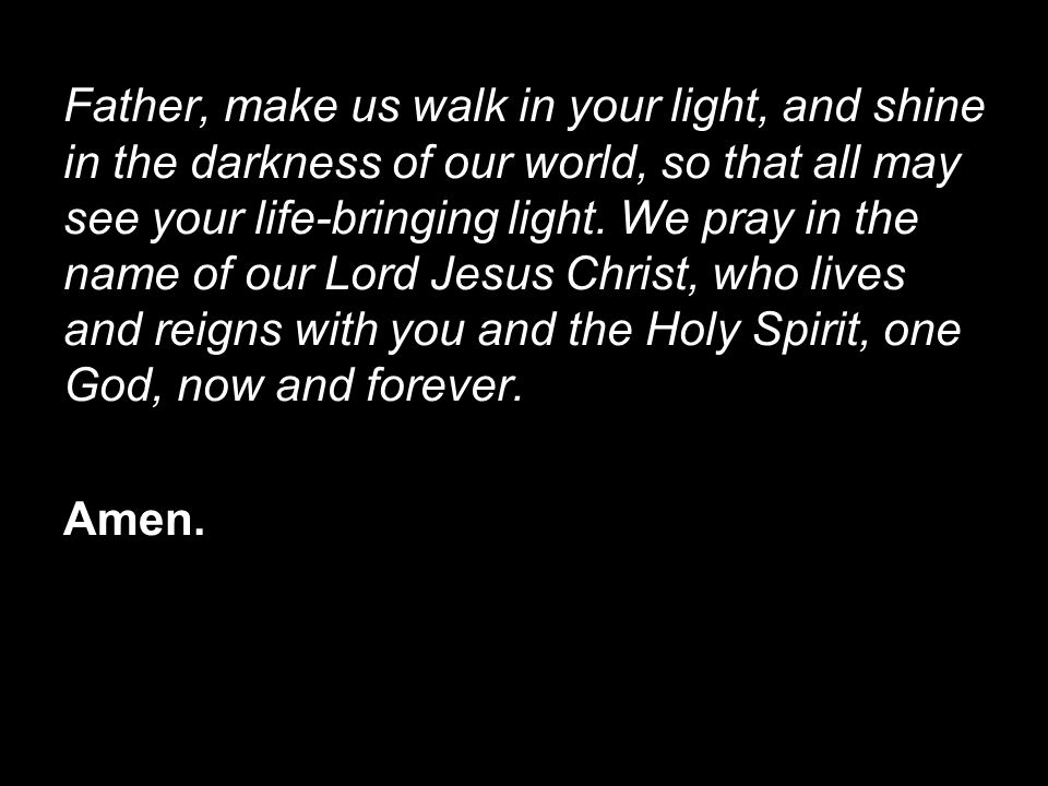 Father, make us walk in your light, and shine in the darkness of our world, so that all may see your life-bringing light. We pray in the name of our Lord Jesus Christ, who lives and reigns with you and the Holy Spirit, one God, now and forever.
