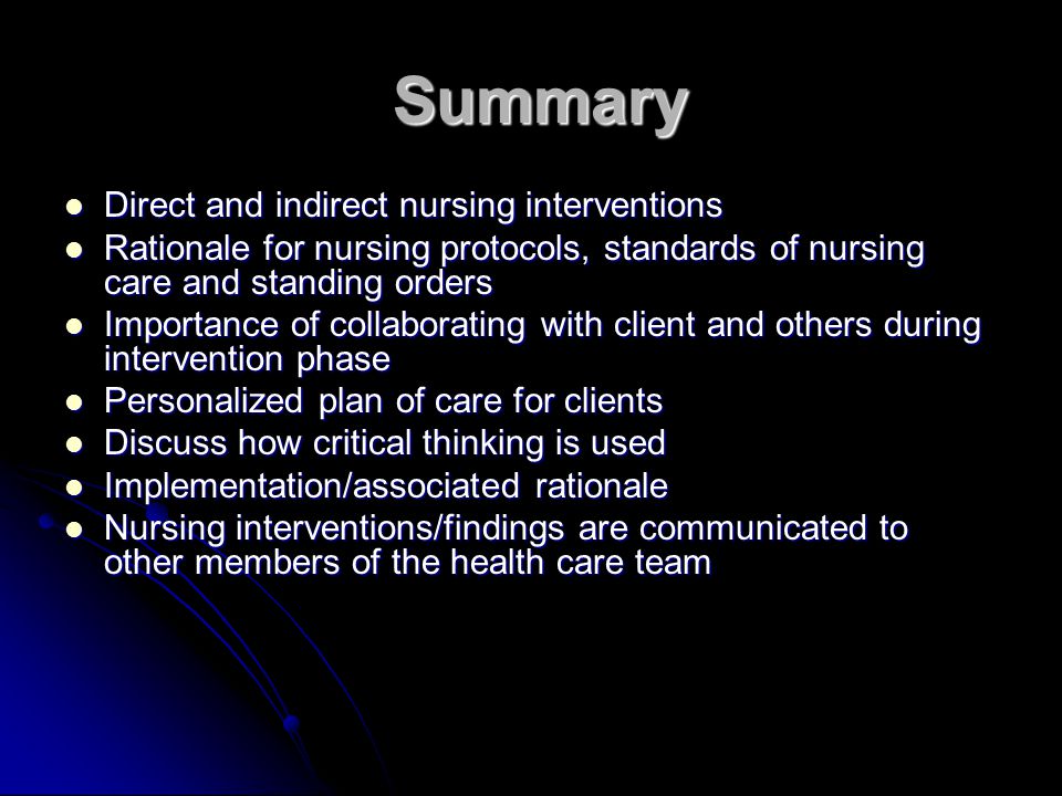 Summary Direct and indirect nursing interventions