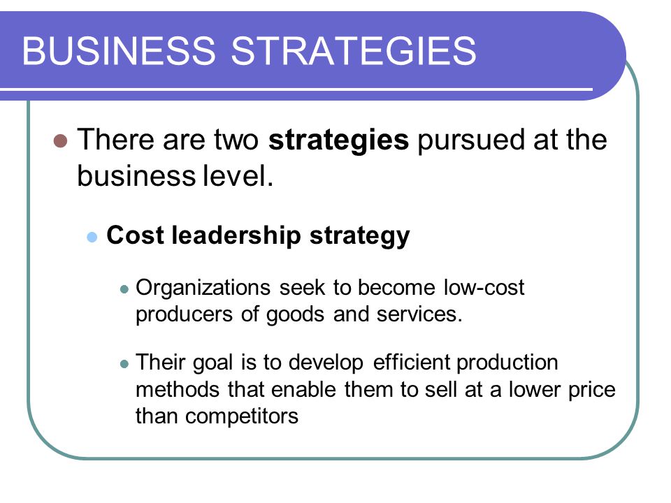 BUSINESS STRATEGIES There are two strategies pursued at the business level. Cost leadership strategy.