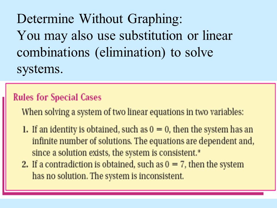 Determine Without Graphing: You may also use substitution or linear combinations (elimination) to solve systems.