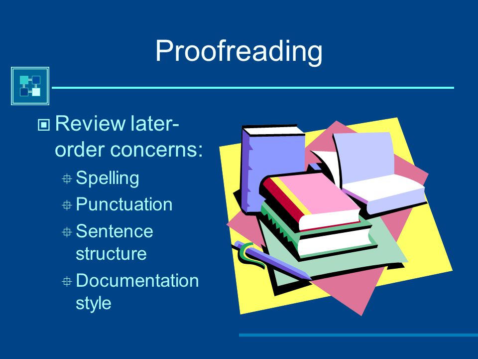 Proofreading Review later-order concerns: Spelling Punctuation