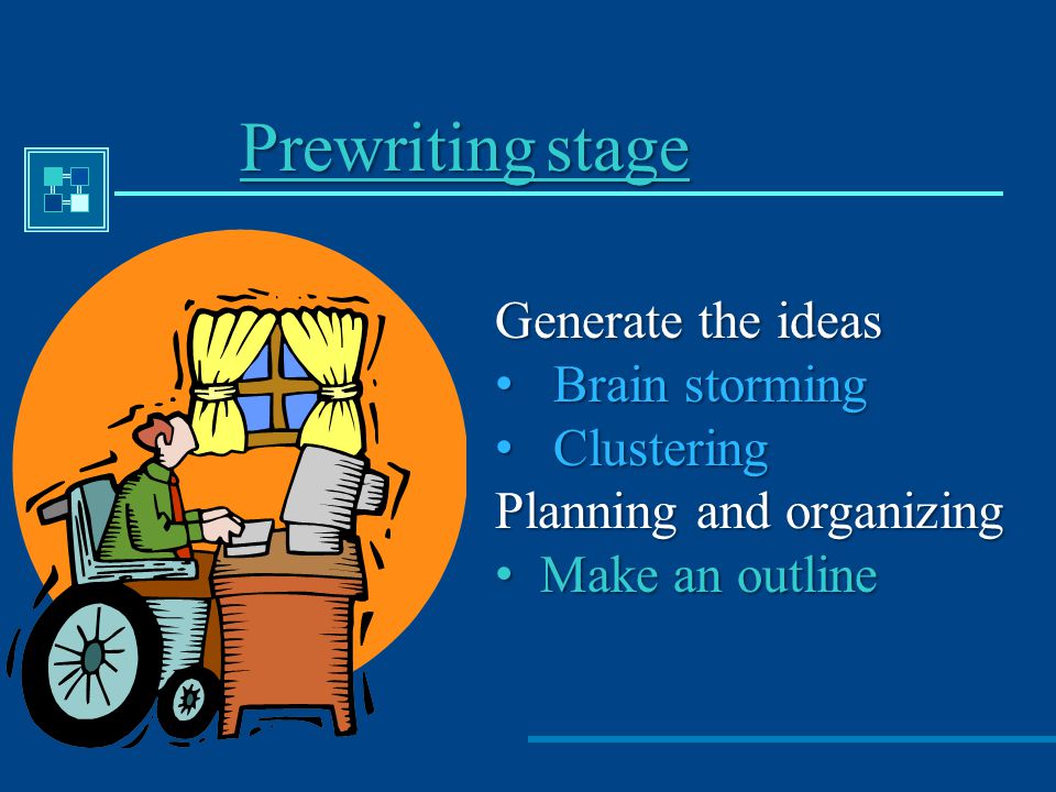 Prewriting stage Generate the ideas Brain storming Clustering