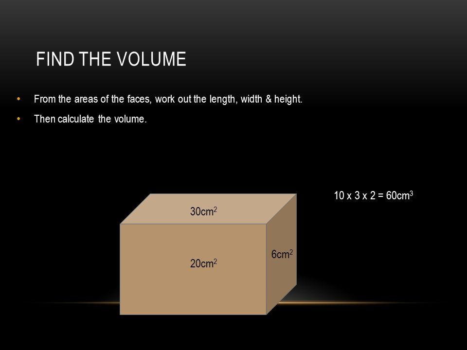 Find the volume 10 x 3 x 2 = 60cm3 30cm2 6cm2 20cm2