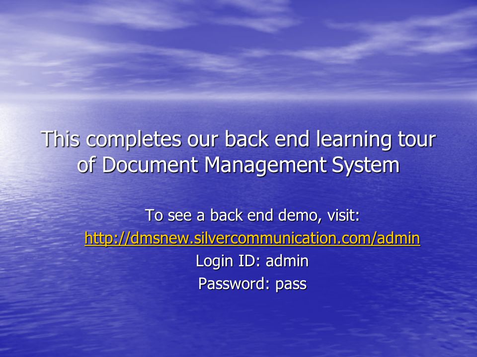 To see a back end demo, visit: