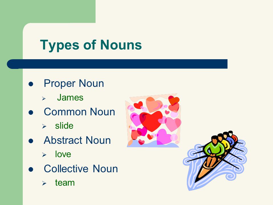 Types of Nouns Proper Noun Common Noun Abstract Noun Collective Noun