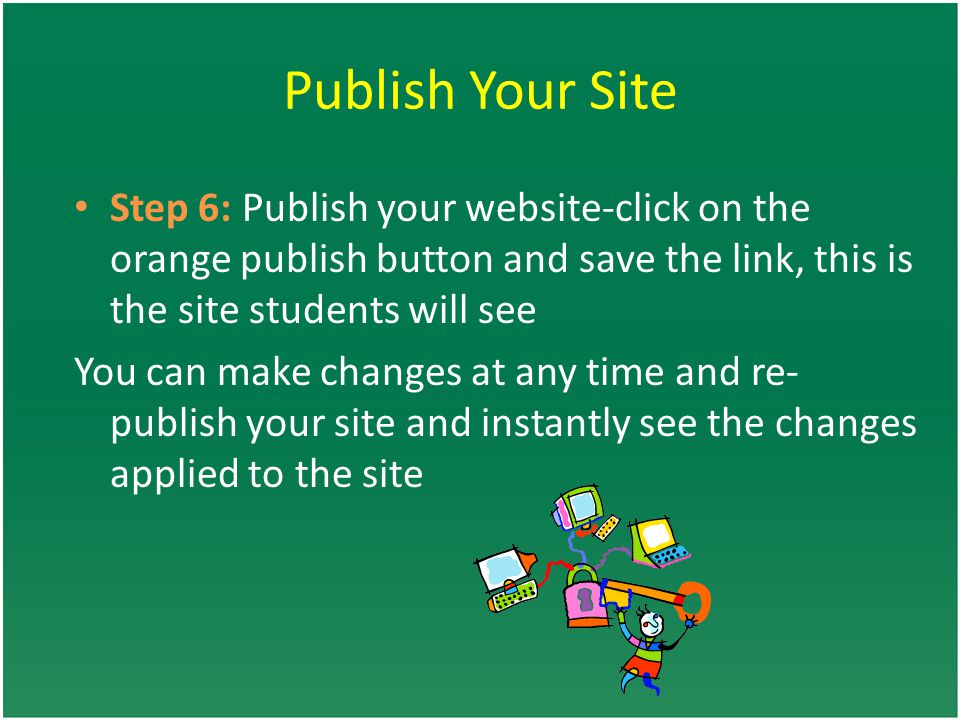 Publish Your Site Step 6: Publish your website-click on the orange publish button and save the link, this is the site students will see.