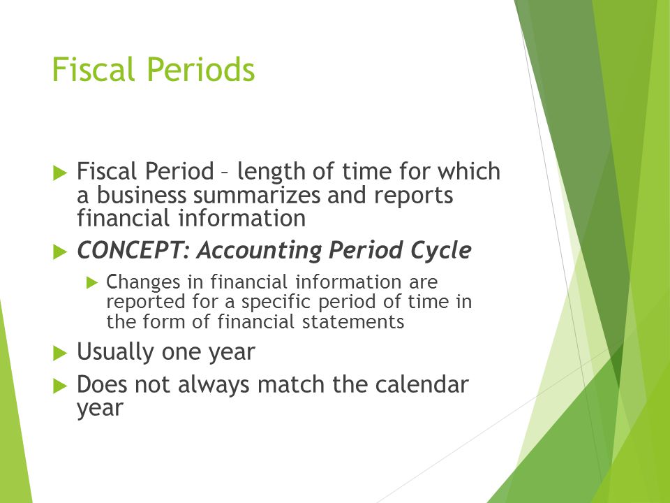 Fiscal Periods Fiscal Period – length of time for which a business summarizes and reports financial information.