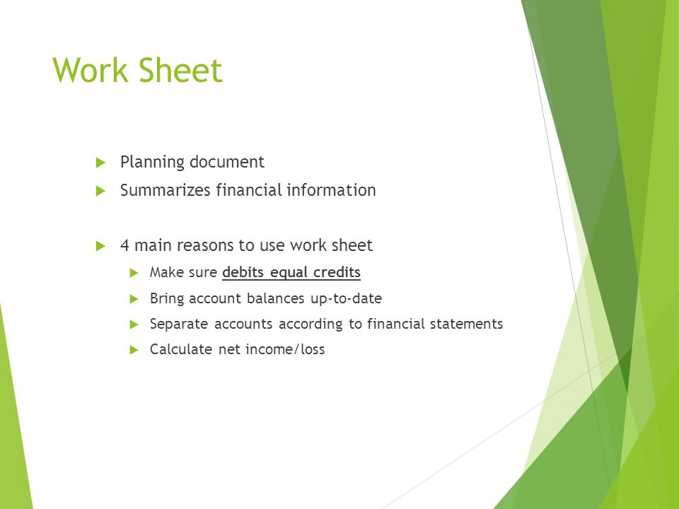 Work Sheet Planning document Summarizes financial information