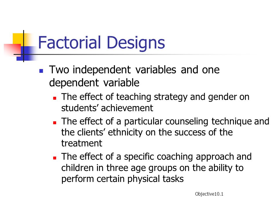 Factorial Designs Two independent variables and one dependent variable