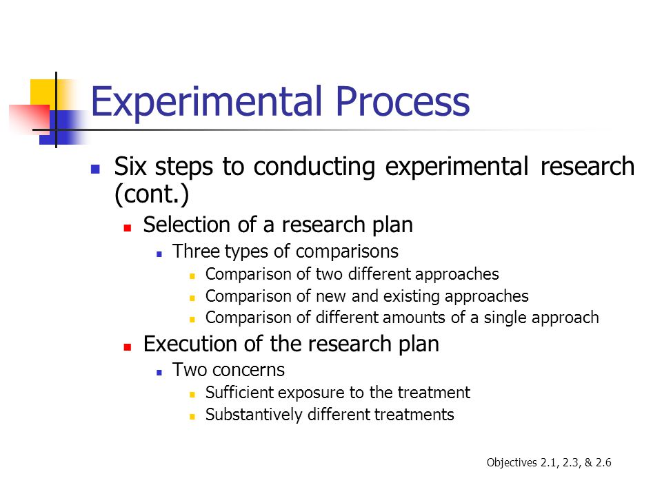 Experimental Process Six steps to conducting experimental research (cont.) Selection of a research plan.