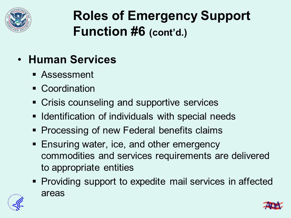 Roles of Emergency Support Function #6 (cont’d.)