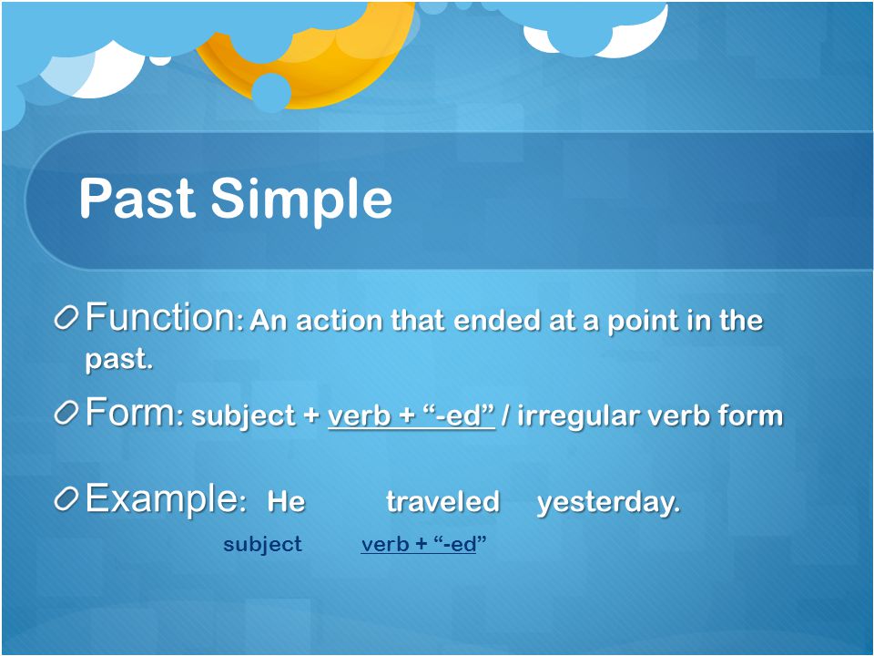 Past Simple Function: An action that ended at a point in the past.