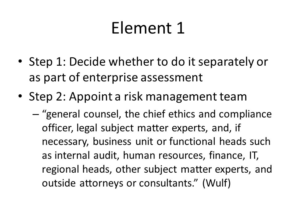 Element 1 Step 1: Decide whether to do it separately or as part of enterprise assessment. Step 2: Appoint a risk management team.