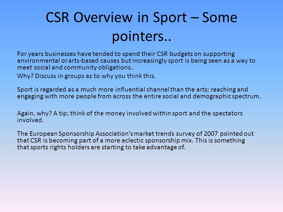 CSR Overview in Sport – Some pointers..
