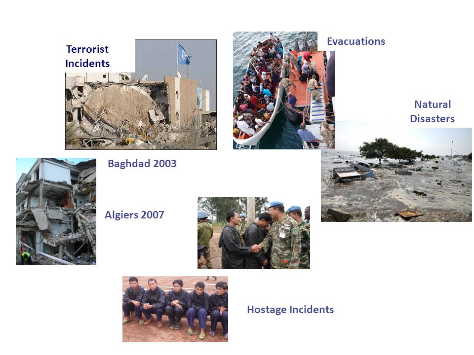 Evacuations Terrorist Incidents Natural Disasters Baghdad 2003 Algiers 2007 Hostage Incidents