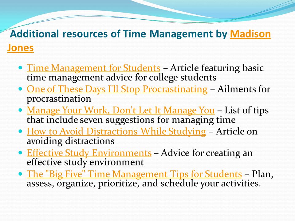 Additional resources of Time Management by Madison Jones