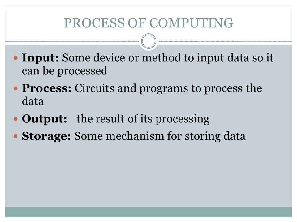 PROCESS OF COMPUTING Input: Some device or method to input data so it can be processed. Process: Circuits and programs to process the data.